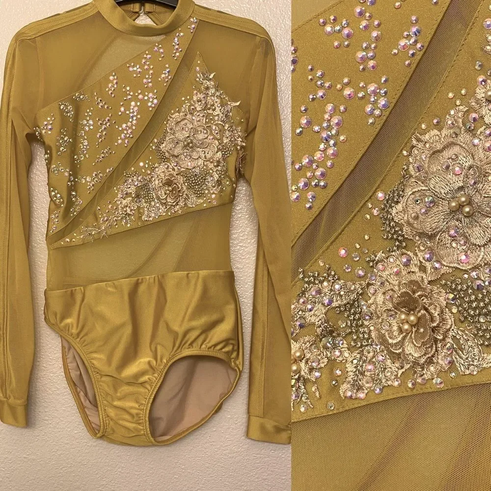 LA Dance Contemporary custom Solo Costume Floral Illusion Rhinestone MA adult